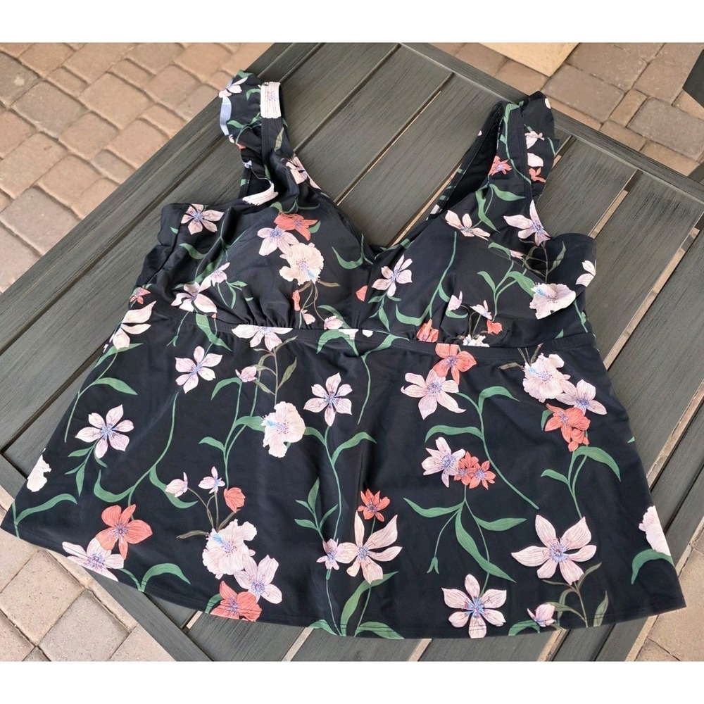 Womens 3XL Butterfly Strap Black Floral Tankini W/ Removable Pads In Bra (341)